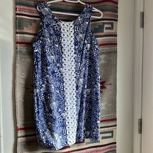 Lily Pulitzer shift dress, blue fish with white lace, 16